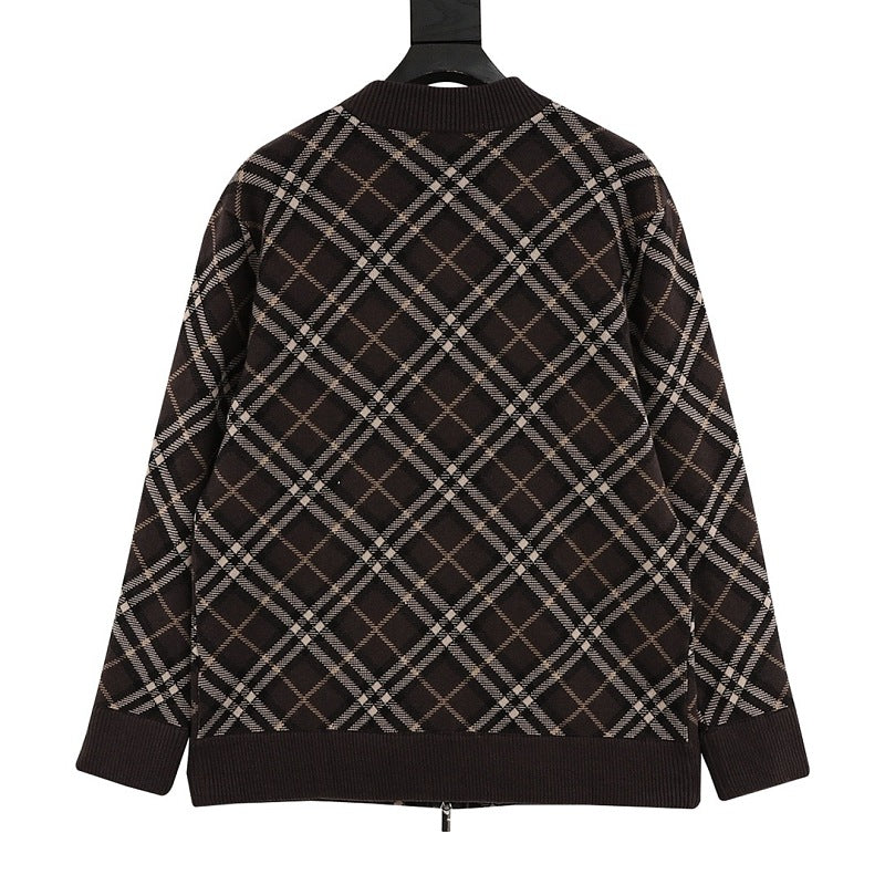 Burberry Diagonal Check Wool-Blend Zip-Up Cardigan