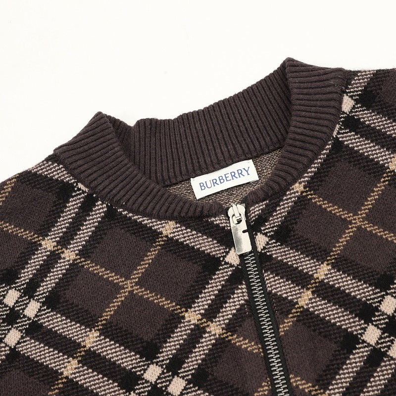Burberry Diagonal Check Wool-Blend Zip-Up Cardigan