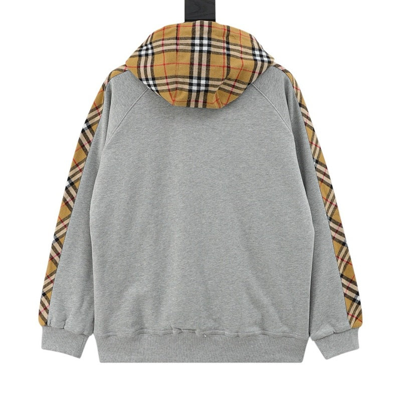 Burberry TB Embroidered Check Panel Zip-Up Hoodie