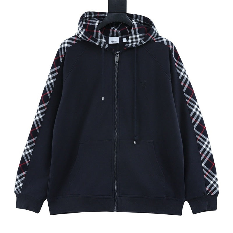 Burberry TB Embroidered Check Panel Zip-Up Hoodie