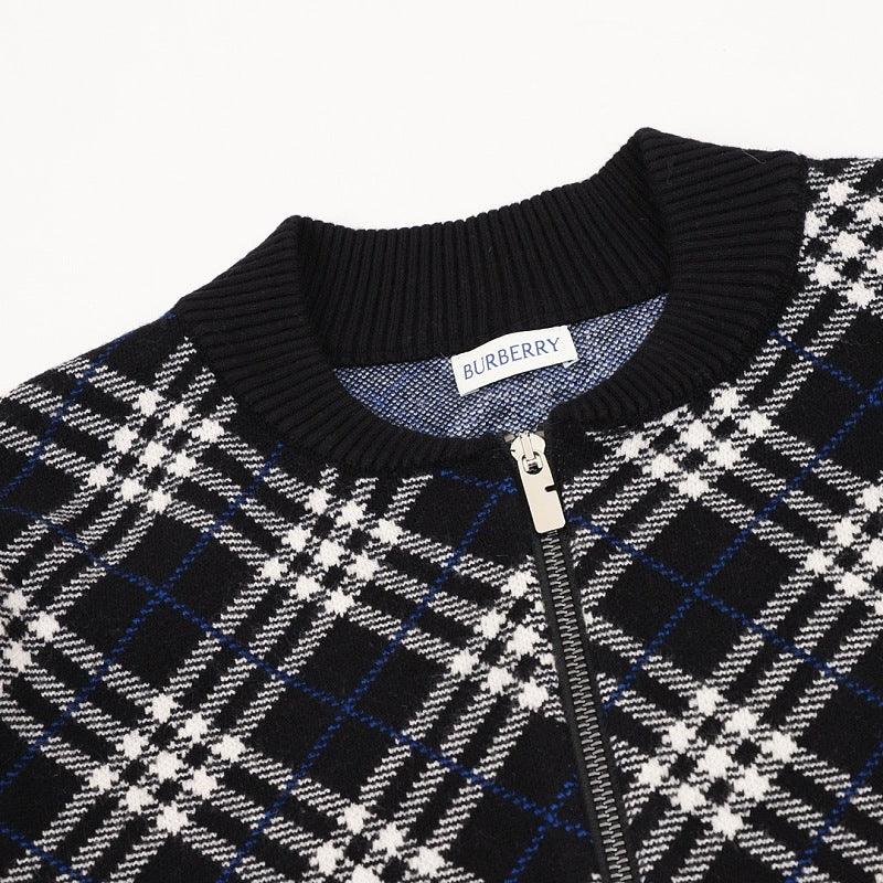 Burberry Diagonal Check Wool-Blend Zip-Up Cardigan