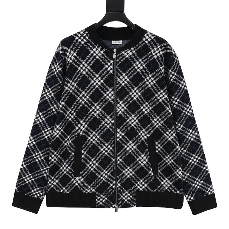 Burberry Diagonal Check Wool-Blend Zip-Up Cardigan