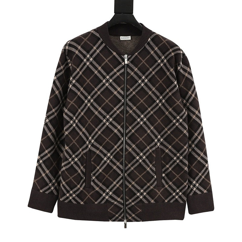 Burberry Diagonal Check Wool-Blend Zip-Up Cardigan