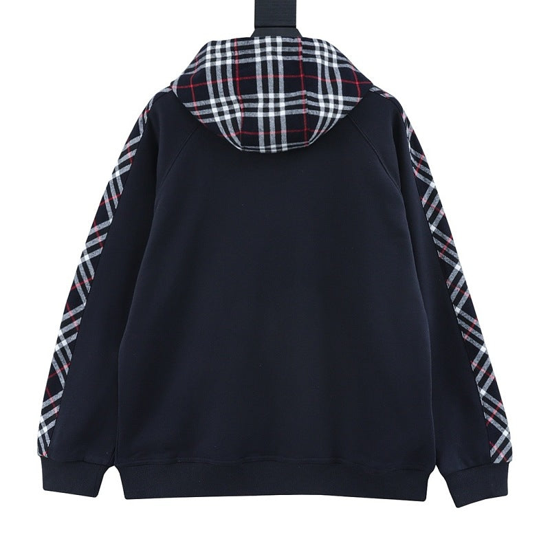 Burberry TB Embroidered Check Panel Zip-Up Hoodie