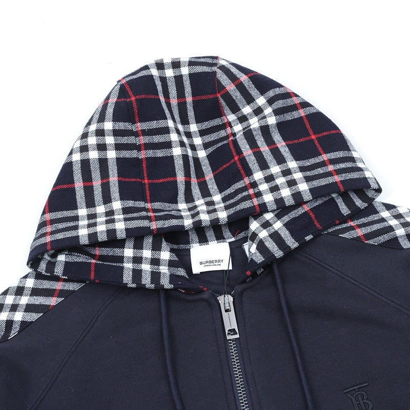 Burberry TB Embroidered Check Panel Zip-Up Hoodie
