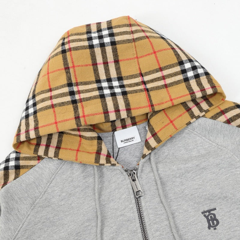 Burberry TB Embroidered Check Panel Zip-Up Hoodie