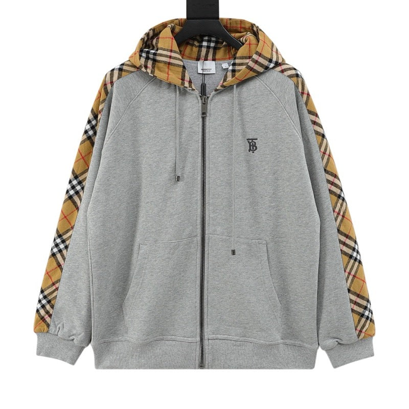 Burberry TB Embroidered Check Panel Zip-Up Hoodie