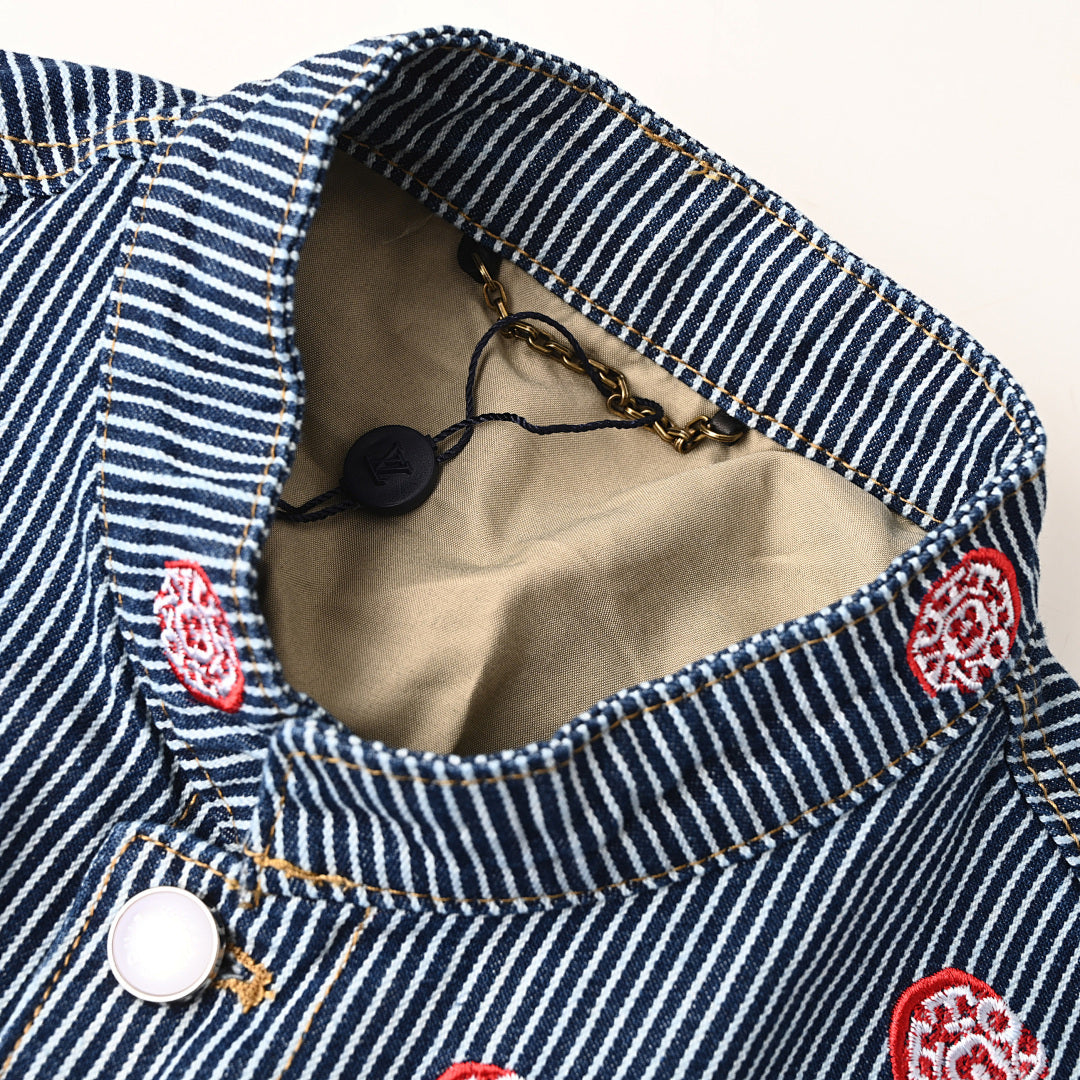 Louis Vuitton LV Monogram Flower Embroidery Hickory Stripe Denim Work Jacket